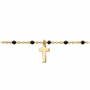Bracelet Argent & Dorure jaune / Boule résine Noires  avec pendentif Croix & 15 x 3 cm