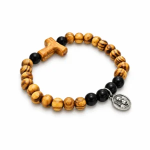 Bracelet grains bois couleur noir et marron + croix de Tau