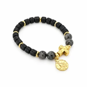 Bracelet sur élastique 8 mm en pierre labradorite & pâte polymère/ croix dorée