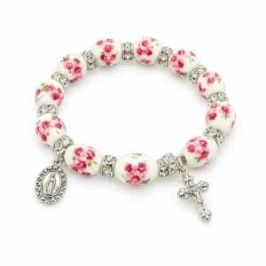 Bracelet céramique blanc avec fleur rose
