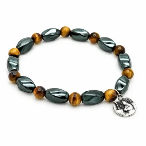 Bracelet dizainier / élastique oeil de tigre & hématite  avec médaille Ste Rita