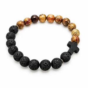 Bracelet élastique  grains bois et pierre "  Croix  Diam: 0,8 cm  (Lot de 5)