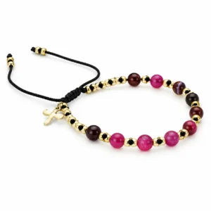 Bracelet dizainier sur corde réglable agate rose avec croix métal