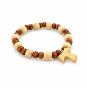 Bracelet dizainier sur élastsique pour enfant avec grains en bois Ø 6 mm et croix de Taux