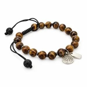Bracelet sur corde réglable grains en œil de tigre et pierre de lave Ø 8 mm