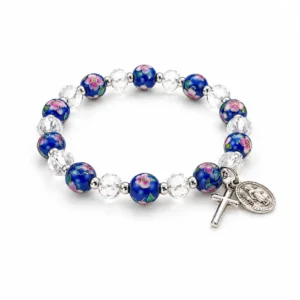 Bracelet dizainier sur élastique semi cristal et grains verre bleus avec fleur incrustée, Ø 5 mm avec croix