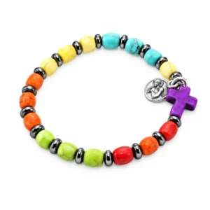 Bracelet sur élastique grains pierre peinte et hématite, Ø 7 mm avec croix