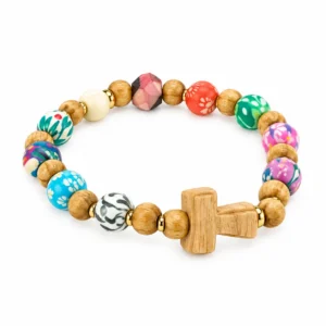 Bracelet dizainier sur élastique grains gomme et bois d'olivier Ø 9 mm, avec croix de Tau