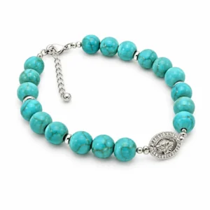 Bracelet argent et médaille Ste Rita avec zircons blancs perles pâte de turquoise 7 mm