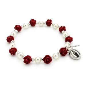 Bracelet dizainier grains rose, et grains nacrés blancs, avec croix et médaille