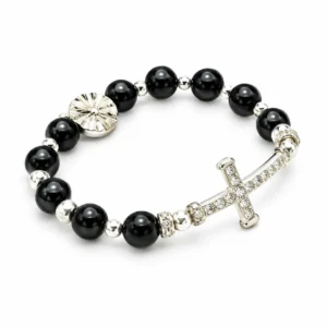 Bracelet dizainier s/élastique grains hématite + croix avec pierres OZ
