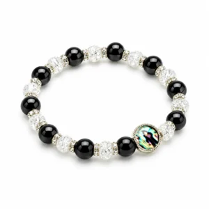 Bracelet dizainier s/élastique grains en hématite , grains sablés et strass.