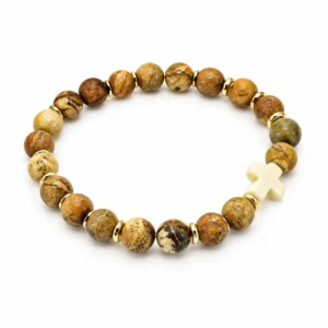 Bracelet élastique 8 mm en pierre coloris jaspe avec croix