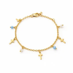 Bracelet plaqué or pampilles croix et perles synthétiques blanche et bleu (16 + 3 cm)