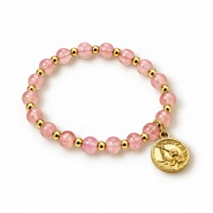 Bracelet en résine col: Rose avec médaille de Ste Rita (dorée) . Pour enfant à partir de 10 ans