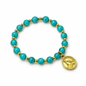 Bracelet en résine col: Turquoise avec médaille Ste Rita (dorée)
