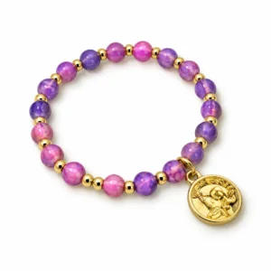 Bracelet en résine col: Violet avec médaille de Ste Rita (dorée), pour enfant à partir de 10 ans.