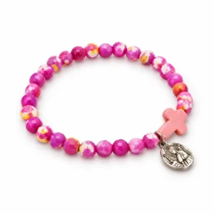 Bracelet en Turquoise synthétique marbrés / 7mm col:Rose (médaille Ste Rita)