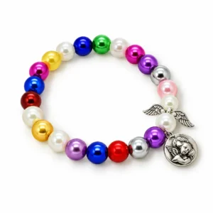 Bracelet pour enfant, grains multicolores en acrylique nacré/ 8 mm & ailes d'ange ( médaille de Ste Rita)