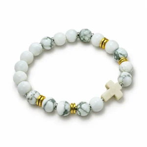 Bracelet en Pierre 8 mm coloris: Turquoise/Blanche avec croix.