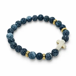 Bracelet en Pierre 8 mm coloris: Agathe bleue craquelée avec croix.
