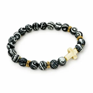 Bracelet en Pierre coloris: Malachite noire/blanche avec croix.