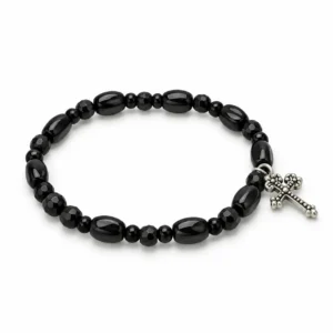Bracelet noir en hématite & perles en verre avec croix et médaille Sainte Rita