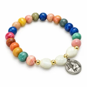 Bracelet en élastique pour enfant /grain bois multicolore & coeur nacré