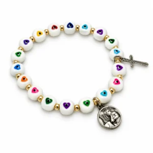 Bracelet élastique pour Enfant en acrylique grains ronds blanc 'motif coeurs multicolore'
