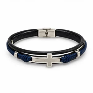 Bracelet homme =col: noir/bleu avec croix en cuir