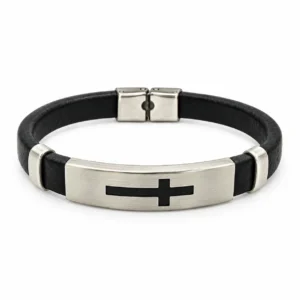 Bracelet homme avec croix=métal en simili cuir noir