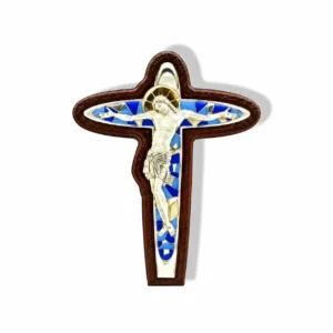 Croix vitrail bleu et argent 11 x 15 cm
