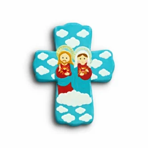 Croix Enfantine en résine à suspendre motif  'Coeurs unis Marie & Jésus"