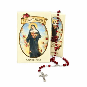 Ensemble livret du saint rosaire avec prière, chapelet parfumé à la rose personnalisé Sainte Rita