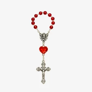Dizainier sur chaine grains couleur rouge, croix en métal avec Christ