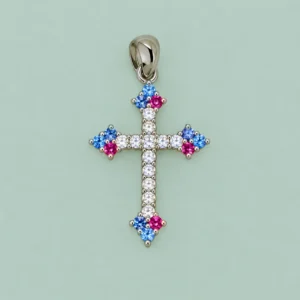 Pendentif croix argent rhodié oxydes blancs&multicolor