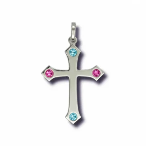 Croix argent rhodié 4 oxyde rose et bleu ciel