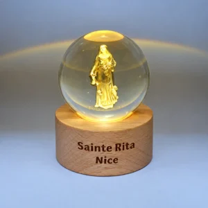 Boule s/socle en bois personnalisé avec image Ste Rita de Nice (gravé au laser & lumière LED)   H:8,5cm