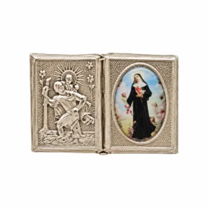 Plaque auto forme livre H. 2,5 x 3,7 cm en métal de saint Christophe avec résine personnalisée