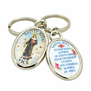 Porte clés argent 2 faces + résines Rita/prière